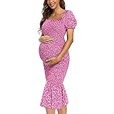Spring Long Puff Sleeve Maternity Dress Floral Ruffle Hem Mermaid Baby Shower/Photoshoot Dress