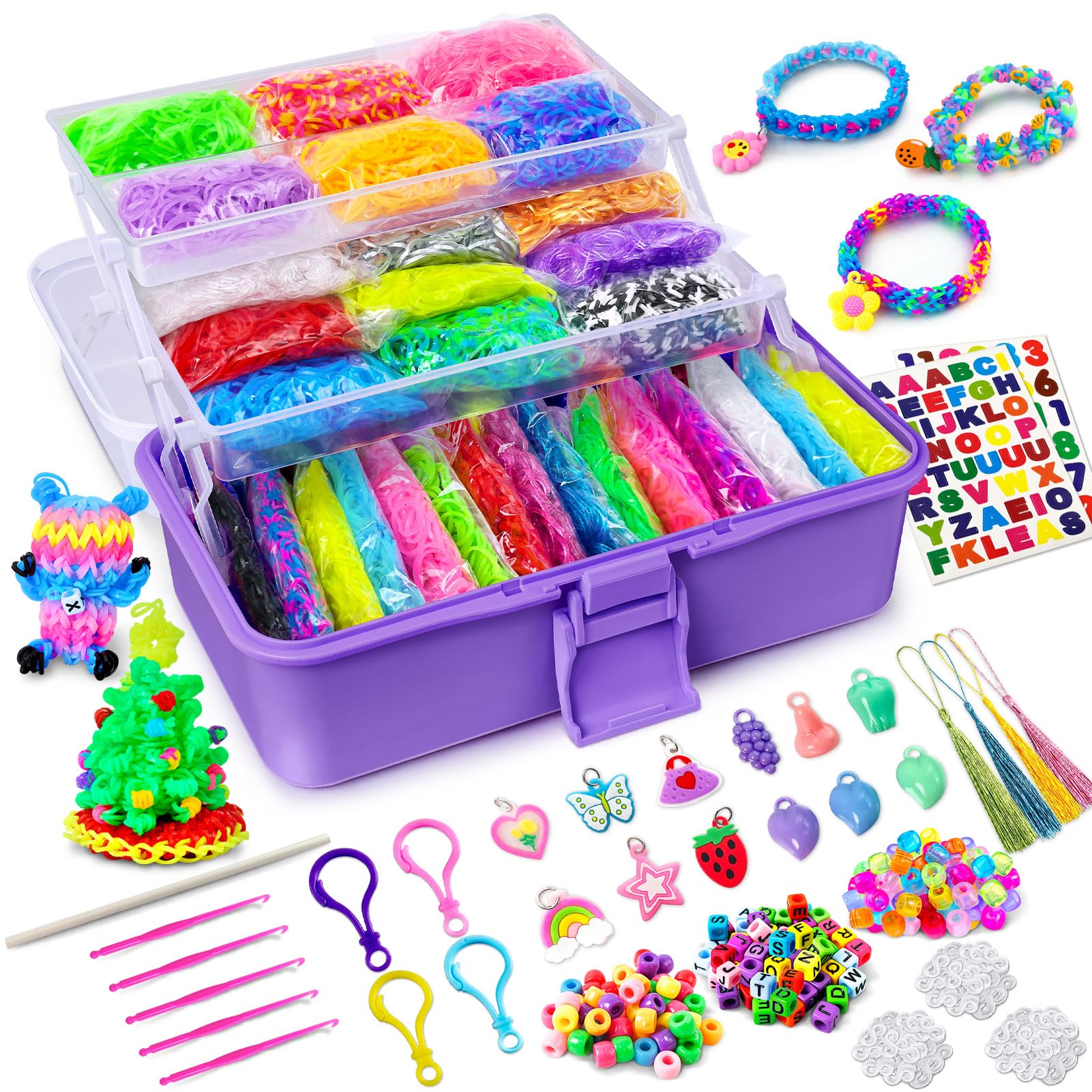 ROSHUKG 45 Colours Loom Bands Kit with 3 Layer Container, Rubber Bands Bracelet Making Kit for Boys Girls Weaving Gift(Purple)