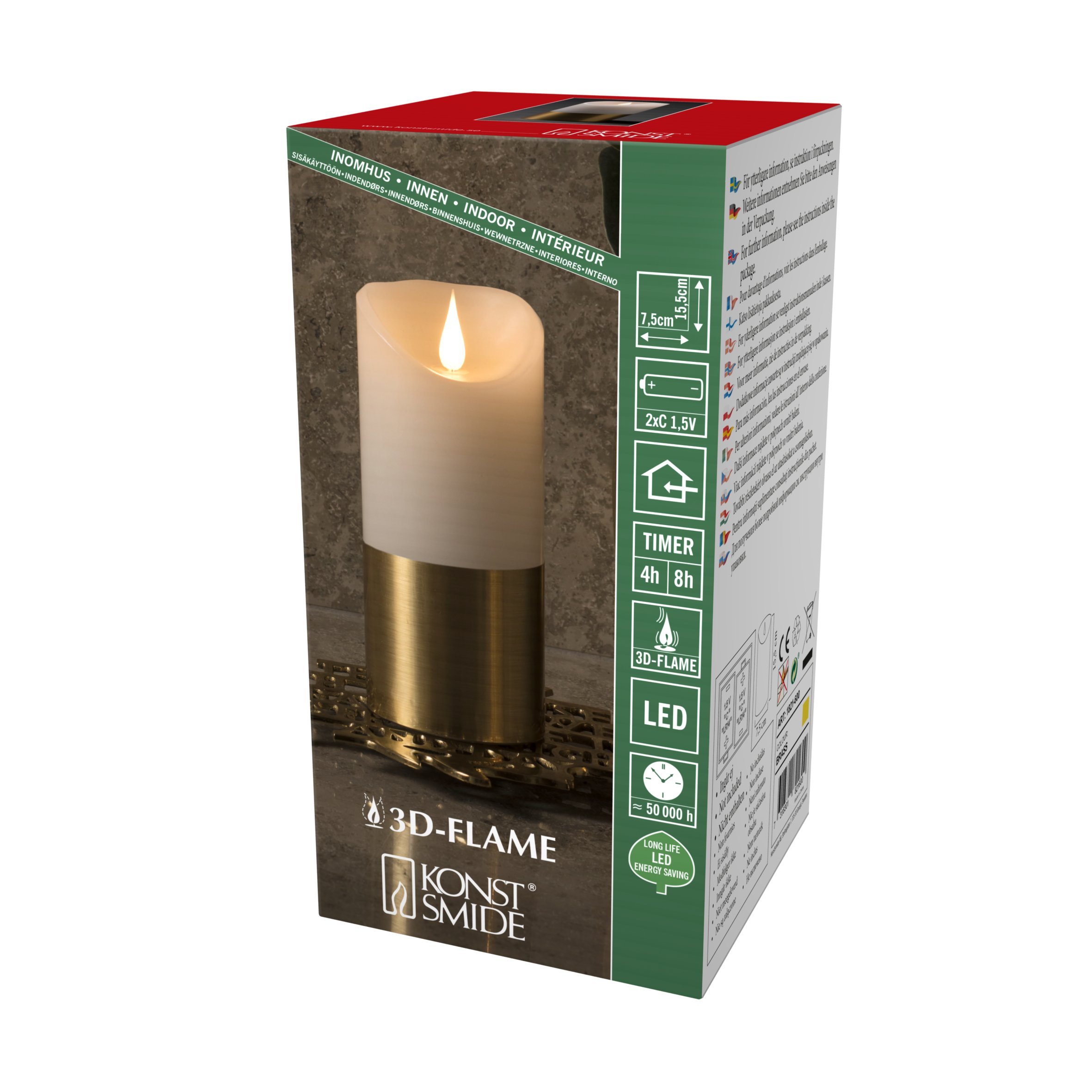 Konstsmide 1821-600 Battery Candle / 3D Living Light / Battery Operated Flickering Moving Flame / Real Wax / 4 or 8 Hour Timer Function / Brass Detail / 20.5cm High x 7.5cm / Warm White