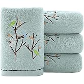 Pidada Hand Towels Set of 4 Embroidered Bird Tree Pattern 100% Cotton Absorbent Soft Decorative Towel for Bathroom (Aqua Green)