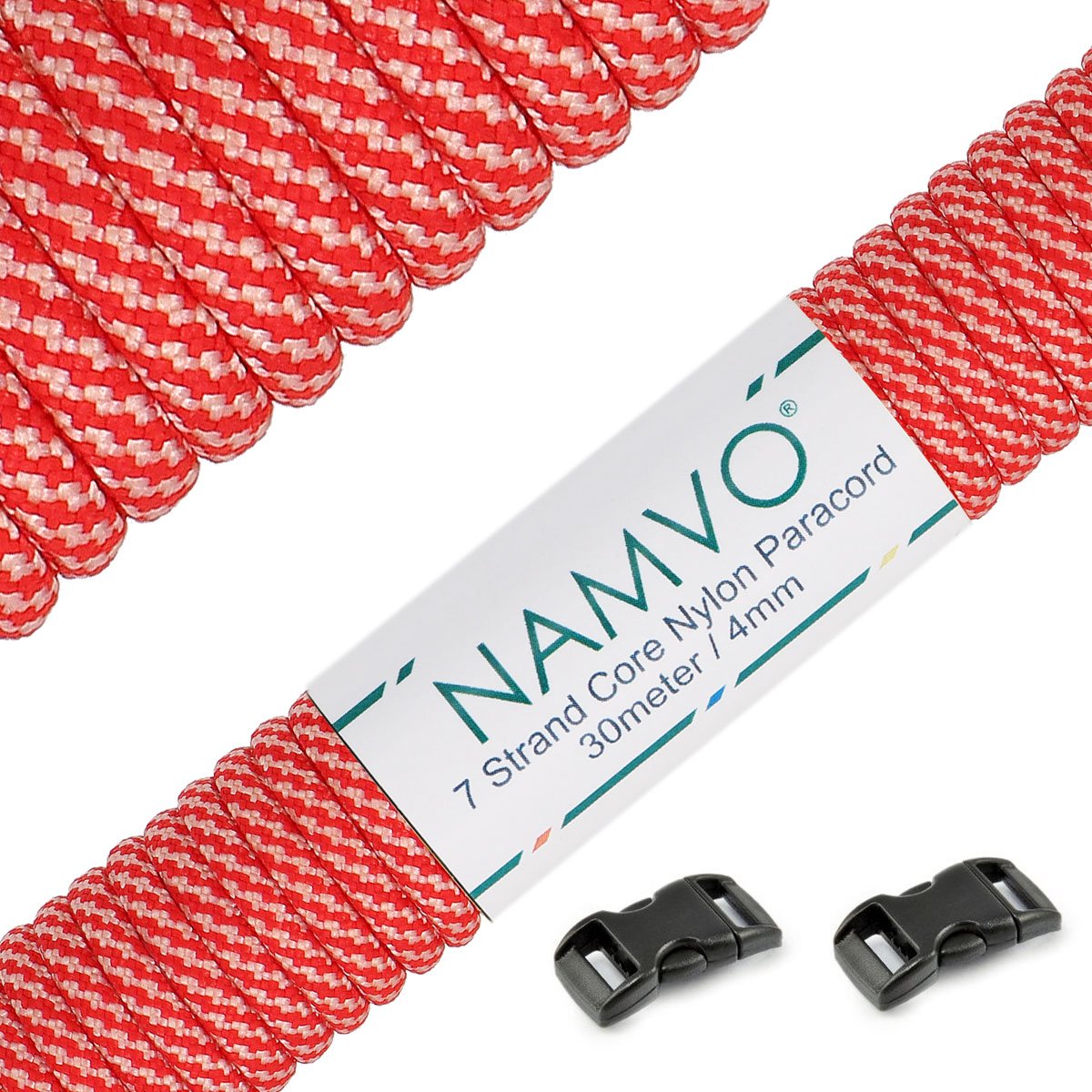 Namvo 550 Paracord Mil Spec Type III 7 strand parachute cord Total Length 100ft / 30 Meters, Red + white camouflage