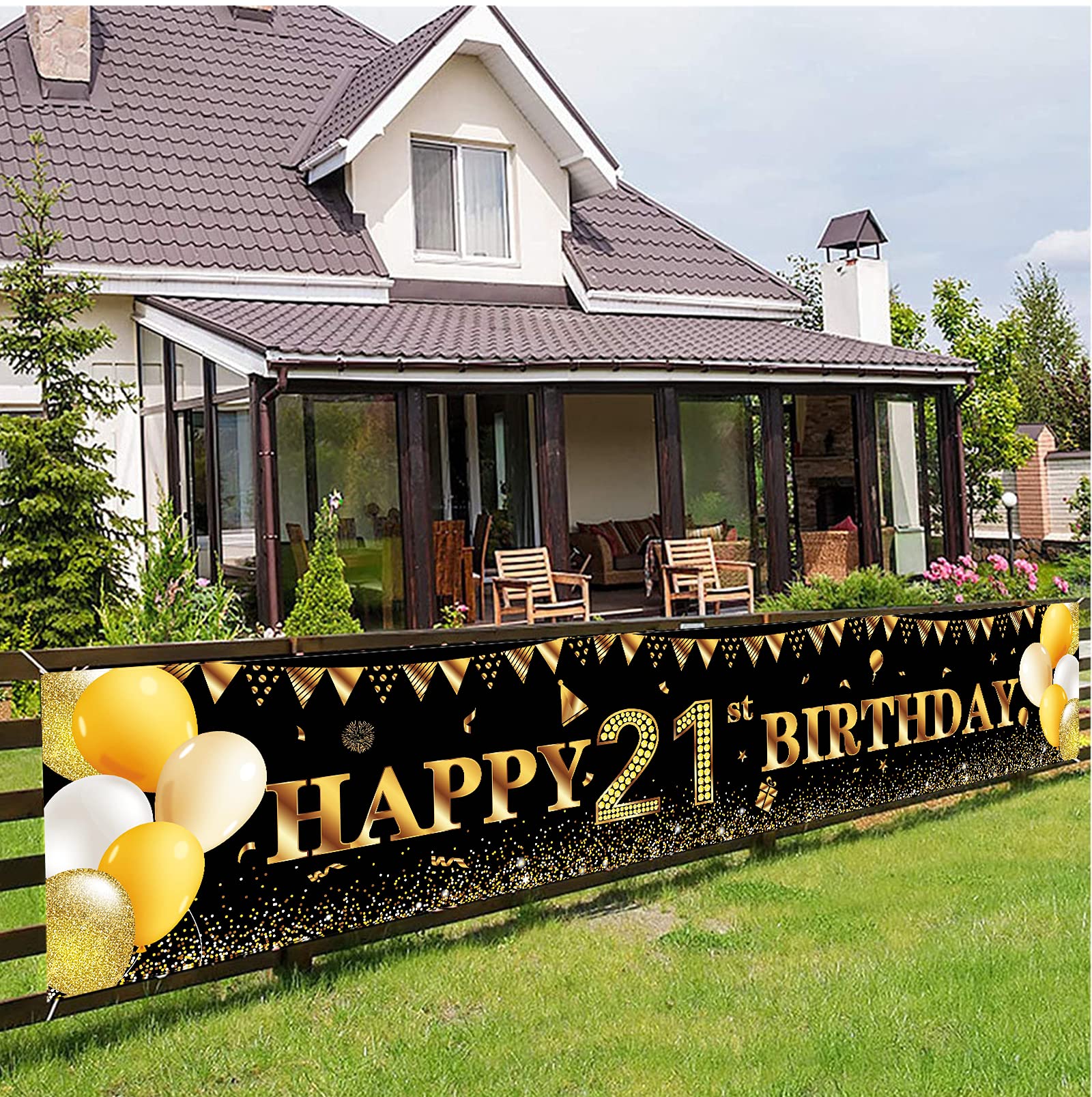 Happy 21st Birthday Banner,21st Birthday Decoration Black Gold,Party Backdrop Banner Fabric Banner.for Girl Boy 21stBirthday Photo Backdrop,Photography Background,Outdoor Yard Garden Table Wall Decor