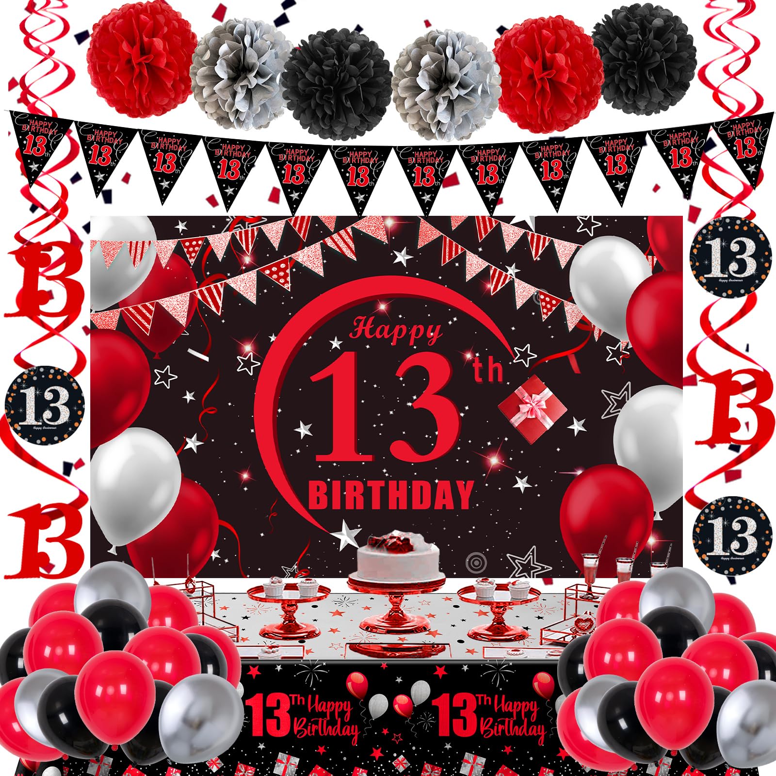 Photo 1 of 13th Birthday Decorations for Boys Girls Red and Black, Happy 13th Birthday Backdrop Banner, 13th Teenager Birthday Balloons Triangle Flag Tablecloth, 13 Year Old Boy Girl Bday Party Supplies