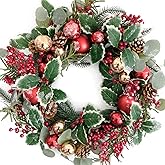 Floribus 20Inch Christmas Wreath for Front Door - Winter Green Wreath with Holly, Berries, Red and Gold Christmas Balls, Eucalyptus, Pinecones, Xmas Home Decor
