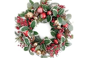 Floribus 20 Inch Christmas Wreath for Front Door - Winter Green Wreath with Holly, Berries, Red and Gold Christmas Balls, Eucalyptus, Pinecones, Xmas Home Decor Wreath