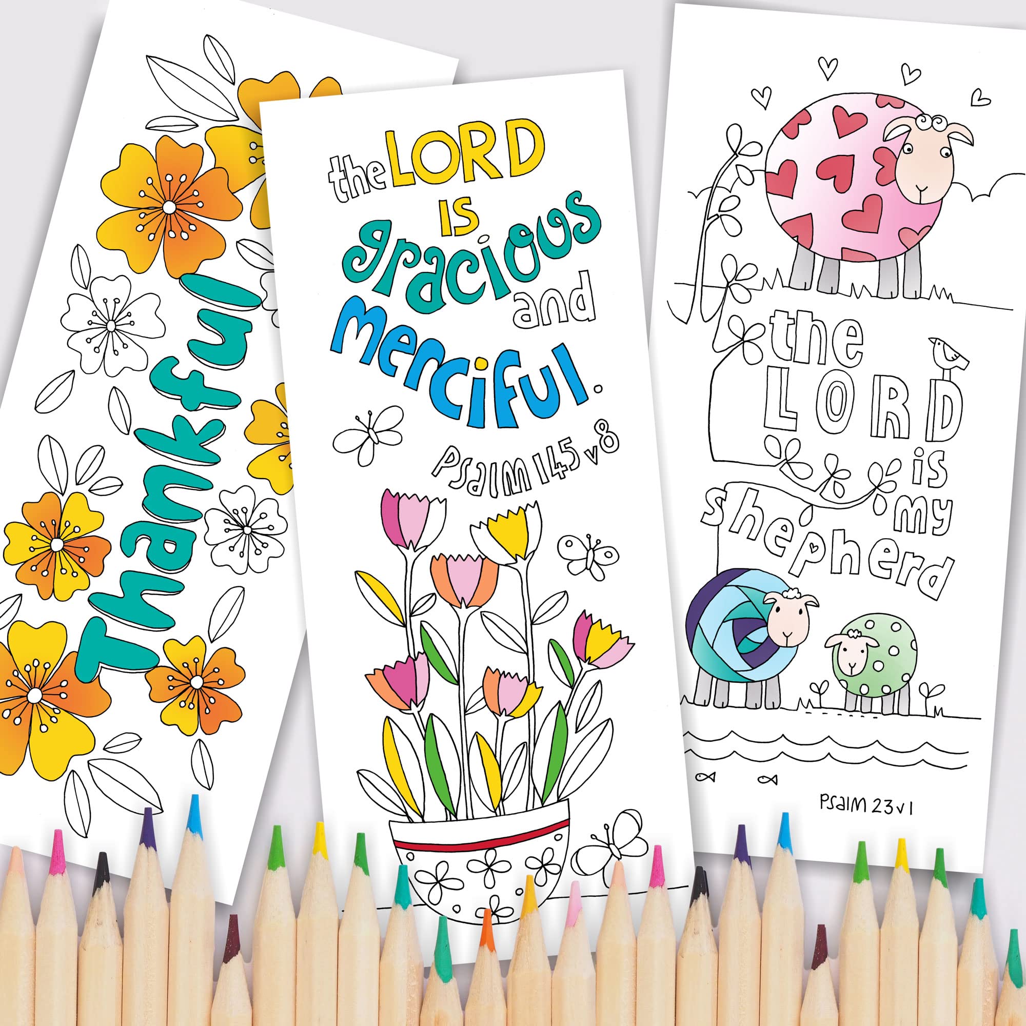 Christian Colouring Bookmarks, Psalms, Pack of 10 Different Designs, with Coloured Bible Verse on Reverse. Makes a Great Christian Gift for Adults or Children, by Just Cards Direct.