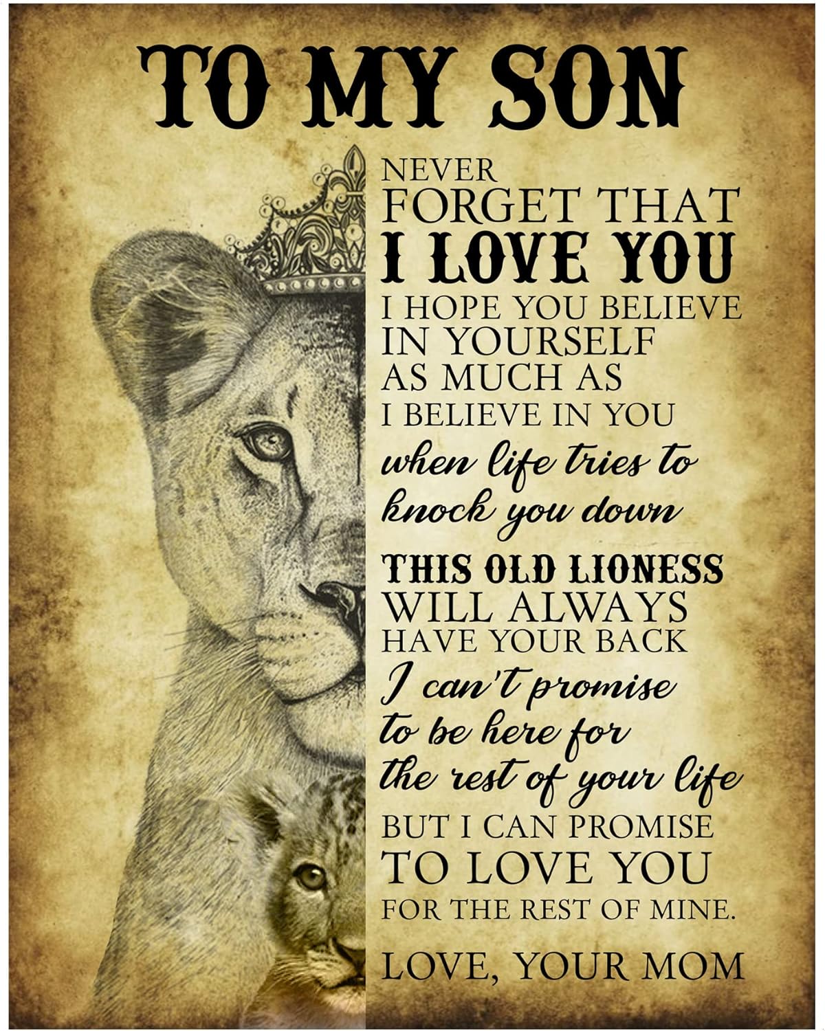 Wall Décor - Never Forget That I Love You- Son- Motivational Family Wall Art, Inspirational Typographic Wall Decor w/Lioness & Cub Images Print For Son Room Decor Aesthetic. Great Graduation Gift. Unframed-11x14