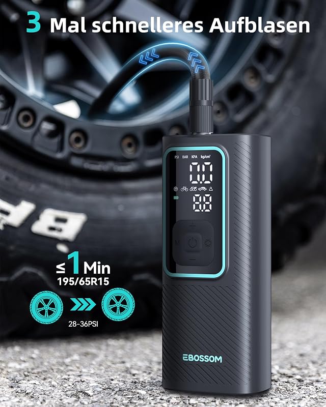 Elektrische Luftpumpe 10,3Bar,Akku Kompressor Mini 6000mAh & 12V DC-Zigarettenanzünder, Tragbare Fahrradpumpe mit alle ventile für Auto,Motorrad,Fahrrad,Pumpe mit LED-Licht,Automatischem Abschalten