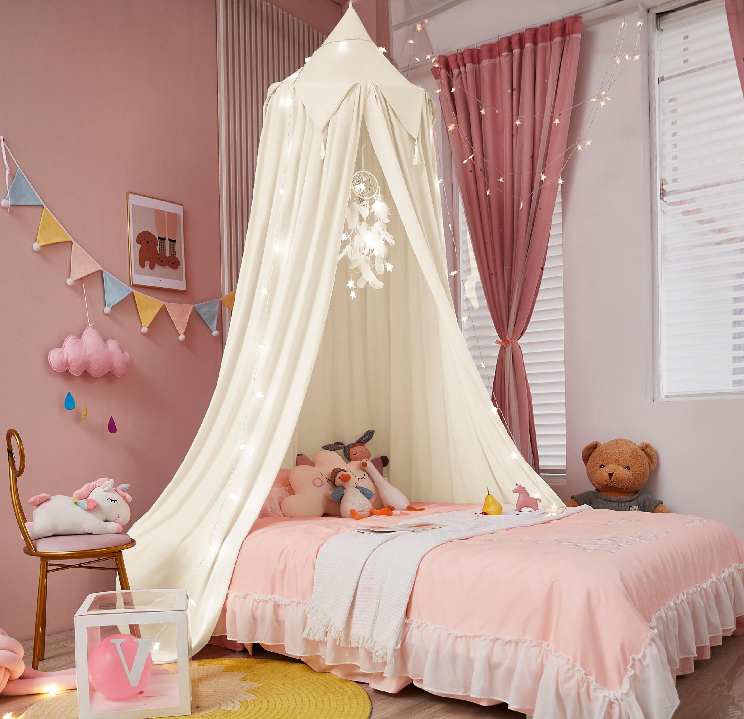Photo 1 of Akiky Kids Bed Canopy with Tassels Natural Crib Canopy with Light for Reading Nook Play Tent Hideaway Hanging Tent Nursery Room Decoration