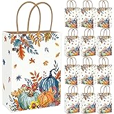 JarThenaAMCS 24Pcs Fall Kraft Paper Bag Blue Orange Pumpkin Leaves Treat Bags with Handles Candy Goodie Gift Bags for Autumn Harvest Thanksgiving Birthday Party Favors Supplies