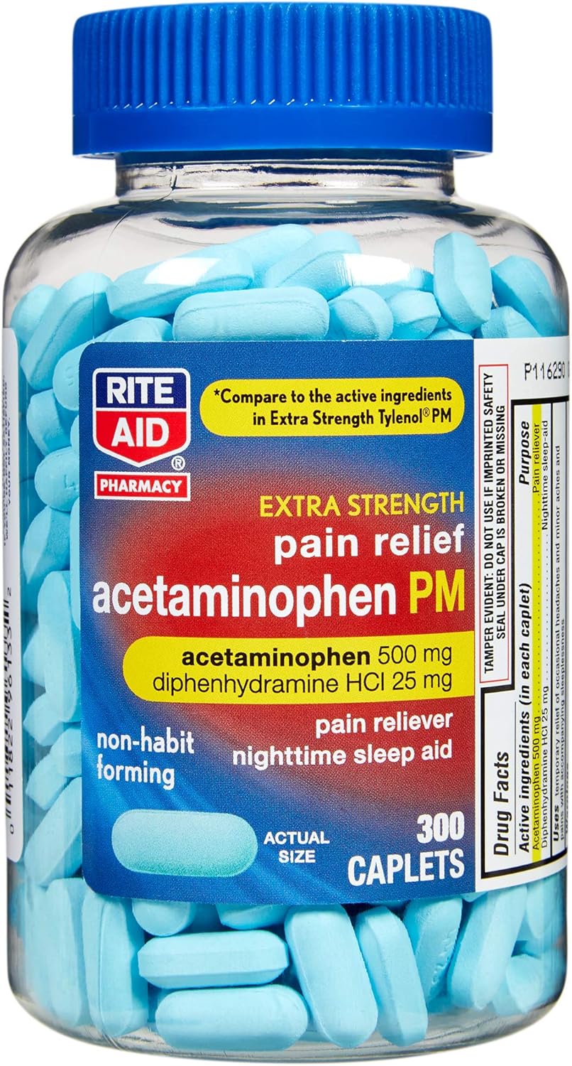 Rite Aid Acetaminophen PM Caplets - 300 Caplets | Sleep Aid & Pain Relief | Acetaminophen Extra Strength | Pain Reliever | Sleep Aids for Adults | Arthritis Pain Relief | Real Time Pain Relief: Health & Personal Care