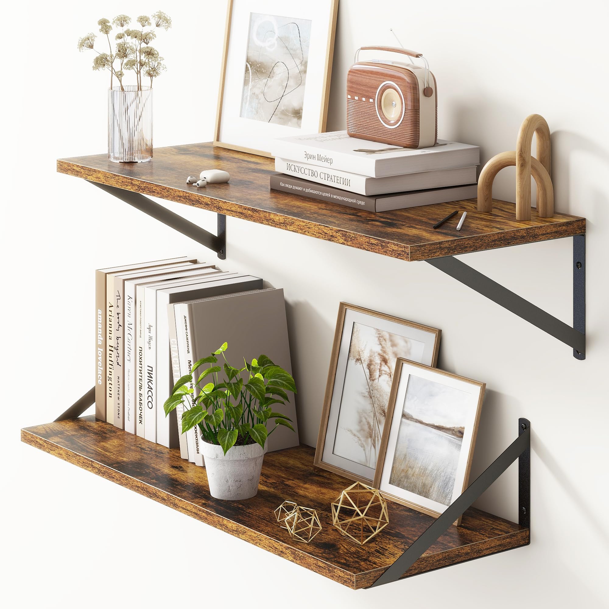 Photo 1 of  Deep Floating Shelves, Floating Shelves 30 Inch Long, Rustic Wood Wall Shelves 40"W x 08"D, Deep Floating Shelf with Bracket, Wide Storage Shelves for Living Room, Bathroom, Rustic Brown
