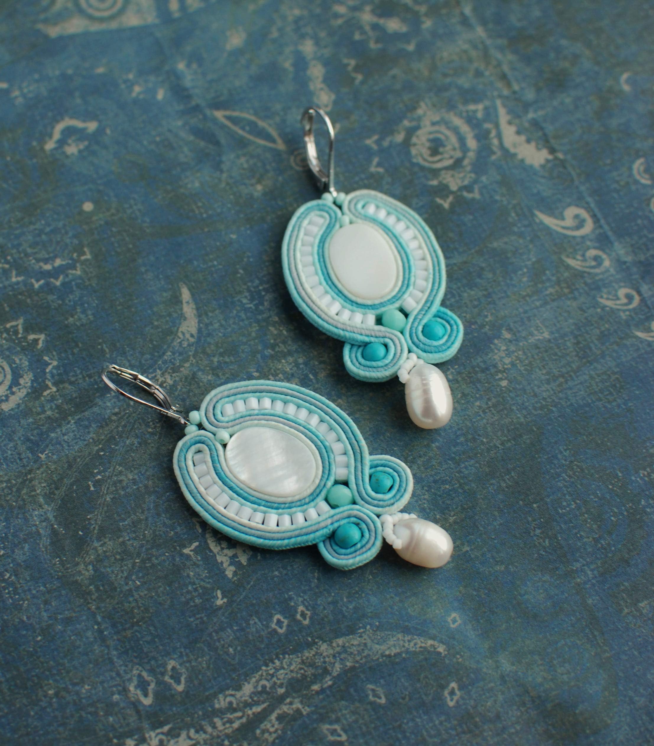 Soutache handmade dangle small light blue white turquoise earrings with mother-of-pearls and pearls, Embroidered beaded boho gemstone pastel jewelry, Bohemian earrings, Ethnic oriental statement bjoux