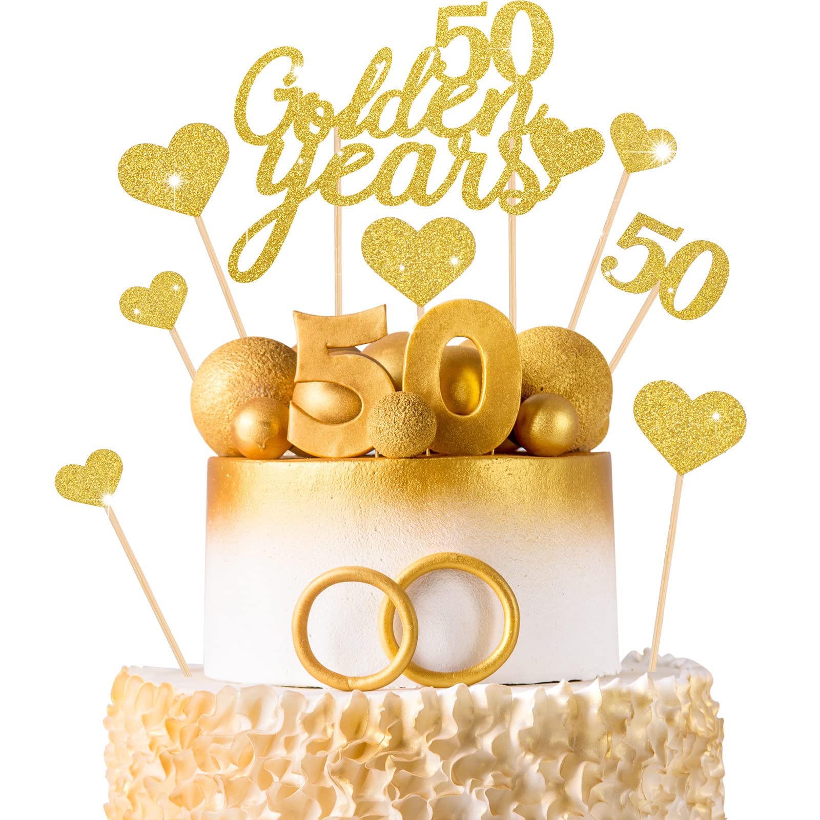 13 Pcs 50 Golden Years Cake Topper 50th Birthday Wedding Anniversary Party Decoration Gold Glitter Colour 50th Birthday Decorations Women Wedding Cake Toppers Decorations for Celebration Supplies