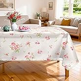 Arquiel Pink Floral Tablecloth Waterproof, Beige Table Cloth Rectangle Stain Resistant, Washable Table Cover for Home Kitchen Dining Party Decoration (60×84 inch)
