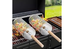 HUZAYL HOME STORE Rolling Grill Basket Round Shaped with Removable Wooden Handle, 304 Stainless Steel, Nesting Grilling Net, BBQ Accessories Tools for Vegetables Shrimp, Outdoor Cooking Camping Gift