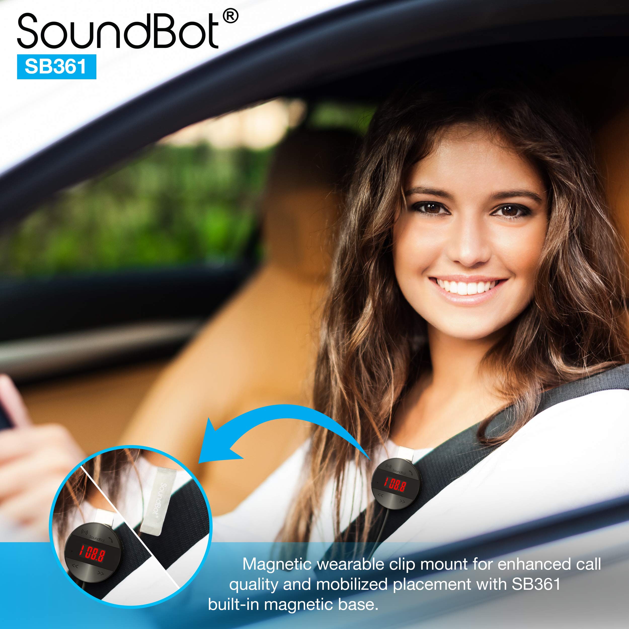 Soundbot SB361 FM Radio Wireless Car Kit Universal Receiver Transmitter Accessory Full Spectrum HD Music Streaming Hands Free Talking LED Display Voice Command Built-in Mic USB ChargerSB361-BLK/BLK