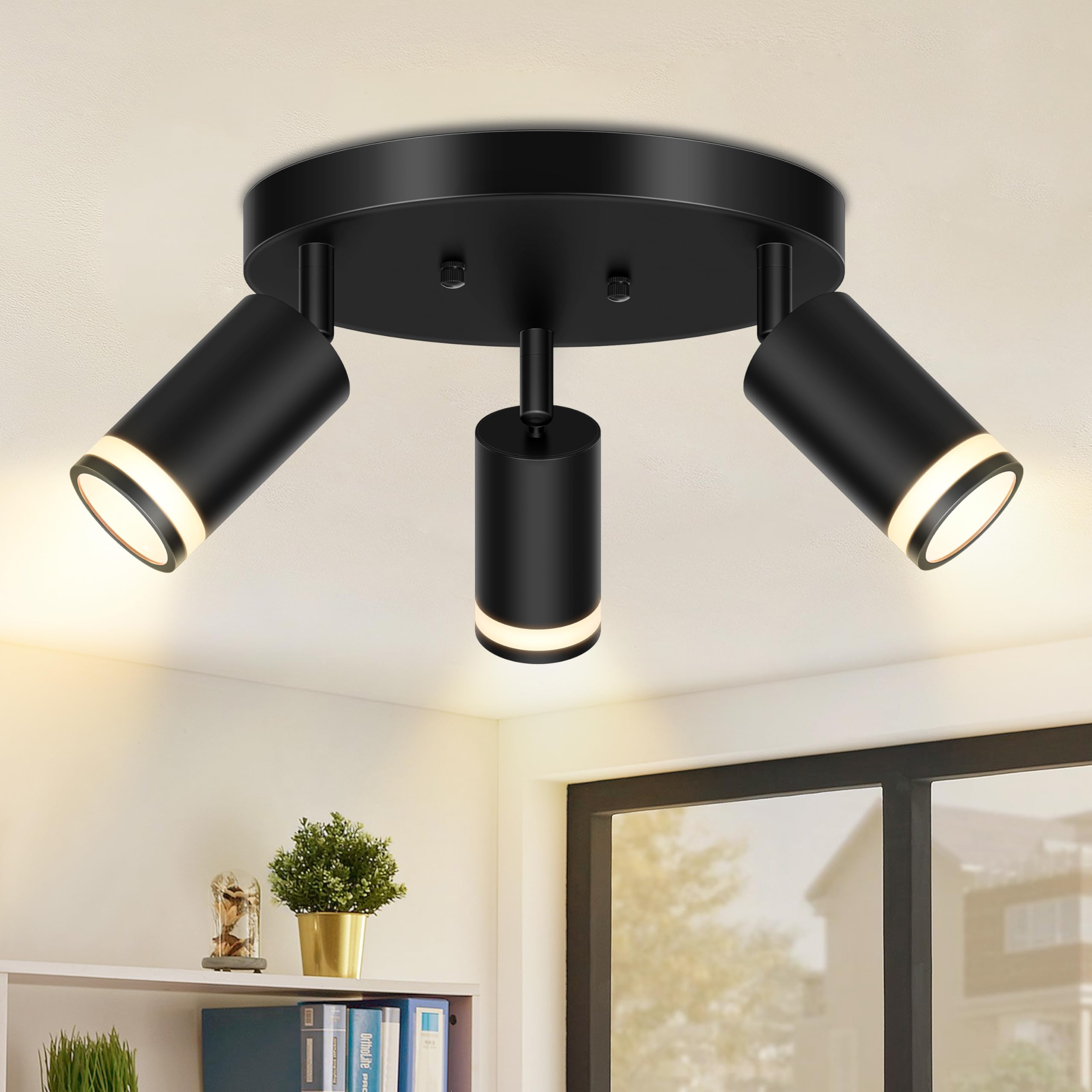 Photo 1 of Lomoky 3-Lights Flush Mount Ceiling Light, Black Adjustable Multi-Directional Kitchen Light Fixtures Ceiling, Modern Track Lighting Fixtures, Flexibly Rotatable Spotlights for Bedroom, Hallway, Foyer