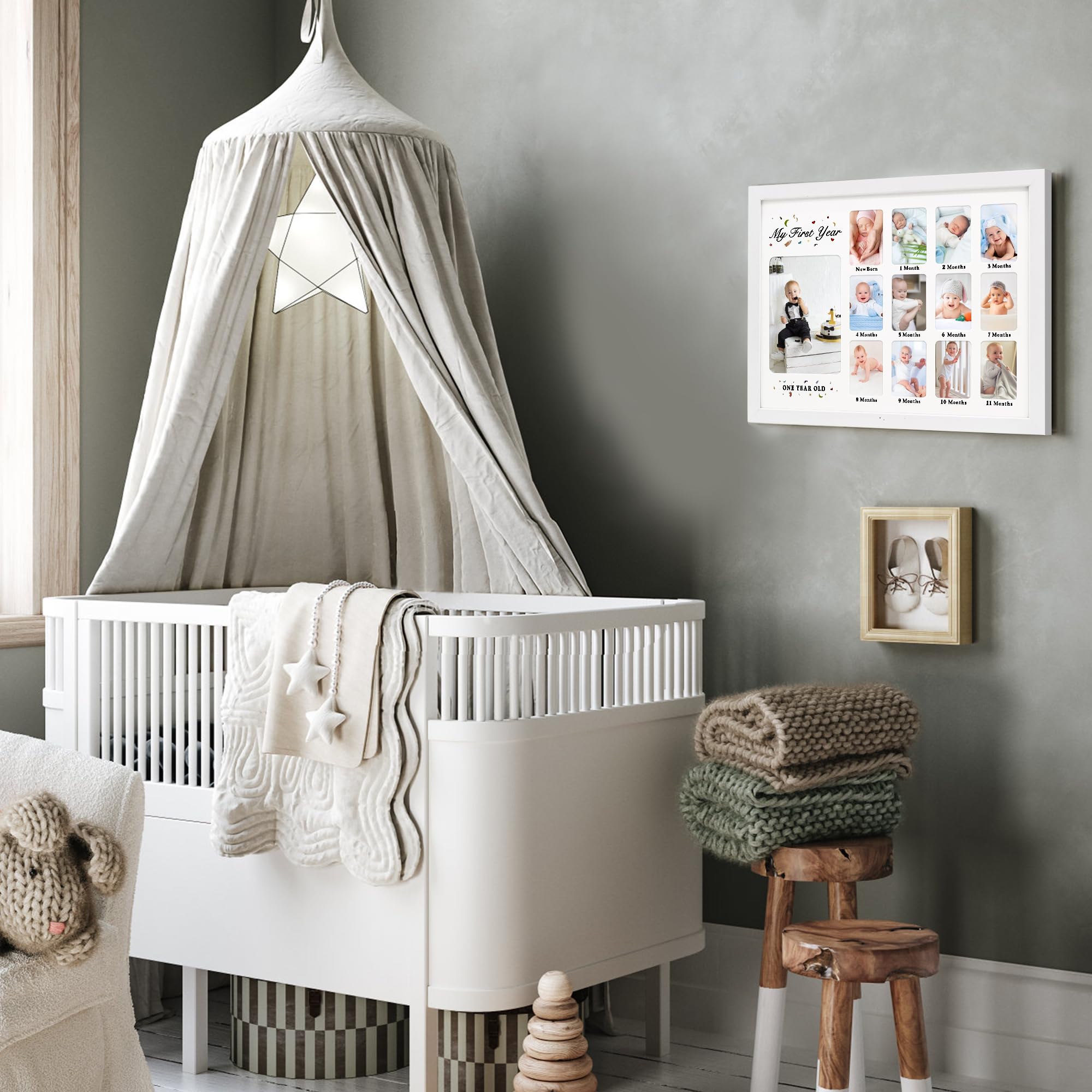 Baby First Years Photo Frames 12 Month Picture Frame 12 * 16 for Holds (1) 5x7 & (12) 2x3 Wallet Size Photos White