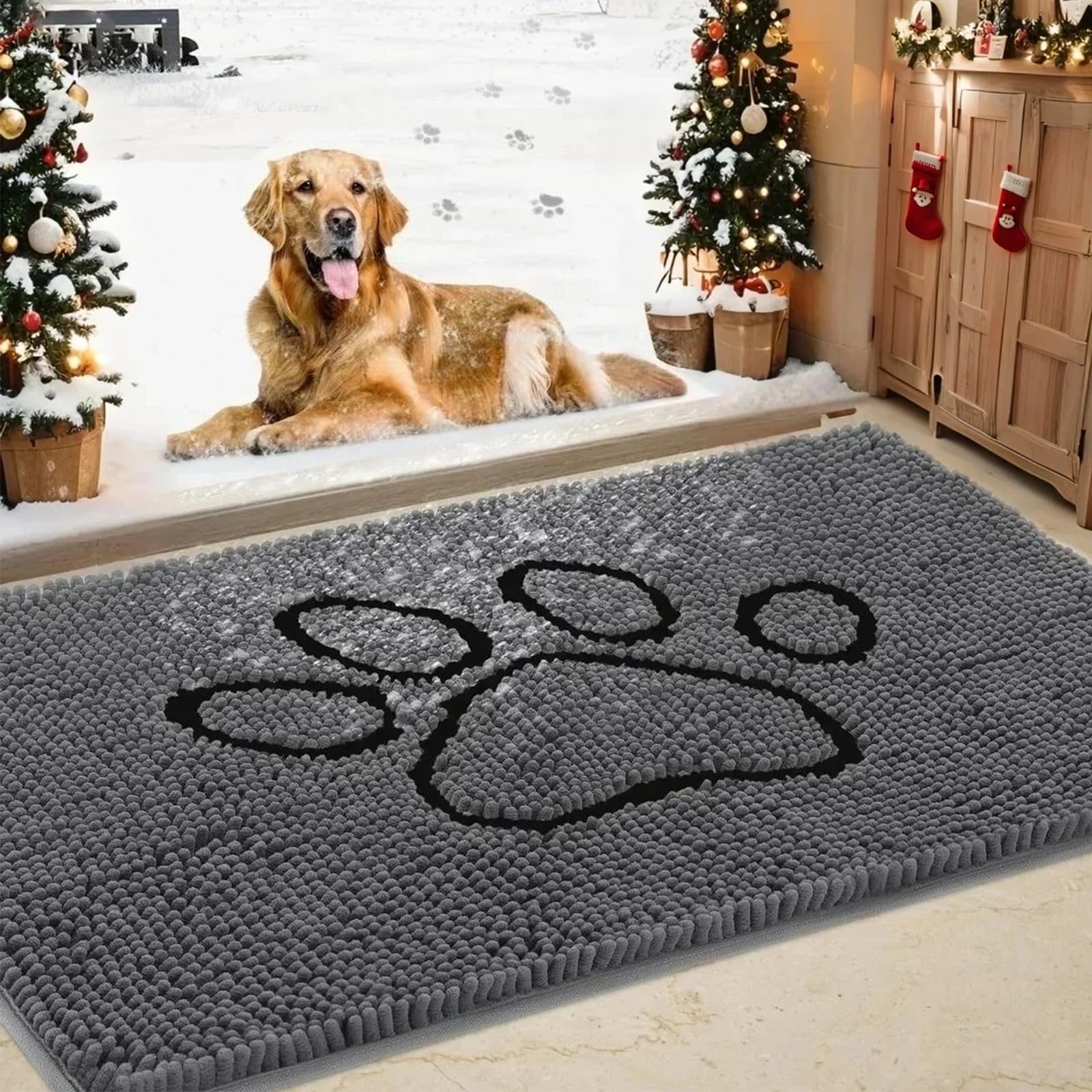 Dog Door Mat for Muddy Paws, Pet Rug Chenille Absorbent Outdoor Doormat 71"x 25", Non Slip Heavy Indoor Doormat Soft Front Inside Doormats for Entryway, Mud Paws, Patio,Dog Paw Black Grey Image