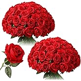 Tifuly 50pcs Red Roses in Bulk, Realistic Long Stem Fake Silk Roses Bouquet for Wedding Centerpiece Table Party Home Kitchen Decor