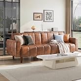 hausway 83" Faux Leather Futon Couch,Mid Century Modern Leather Sofa(Brown) | Adjustable Backrest,Convertible,Storage Pocket,Wooden&amp;Steel Frame for Office,Living Room,Space-Saving