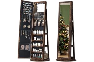 LVSOMT LED Mirror Jewelry Cabinet Standing, 360° Swivel Jewelry Organizers and Storage, Farmhouse Mirror with Jewelry Storage, Lighted Jewelry Armoire with Full Length Mirror (Retro Brown)