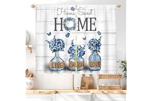 Famiffty Farmhouse Blue Hydrangea Kitchen Curtains Rusitc Country Retro Vintage Home Sweet Small Short Cafe Tier Wooden Window Drapes Decor Bathroom Curtains Rod Pocket (27.5W X 39L Inch 2 Panels)