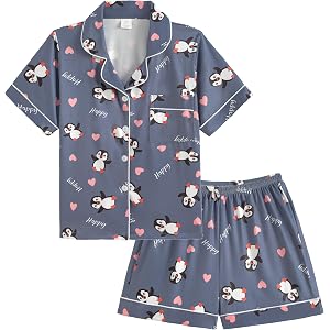 Hupohoi Big Girls Button Down Pajama Sets 2 Pieces Summer Cartoon Sleepwear | Button Down 2pcs Girls Pajama Sets, Soft for Te