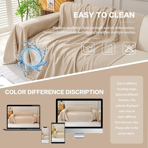 DREAMINGO SOFA COVERS WASHABLE THICK CHENILLE COUCH COVER FOR 3 CUSHION COUCH SOFA MULTI-USE COUCH COVER BLANKET MODERN PET FURNITURE PROTECTOR SECTIONAL COUCH SLIPCOVER 71″X150″, KHAKI