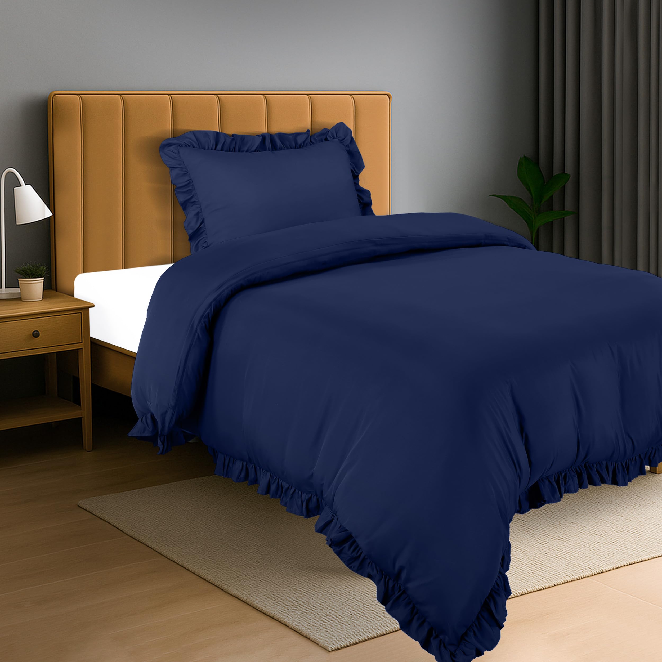 Utopia Bedding Ruffle Duvet Cover - Single Duvet Cover Set with Pillowcase - Soft Microfibre Polyester Ruffle Bedding (Navy)