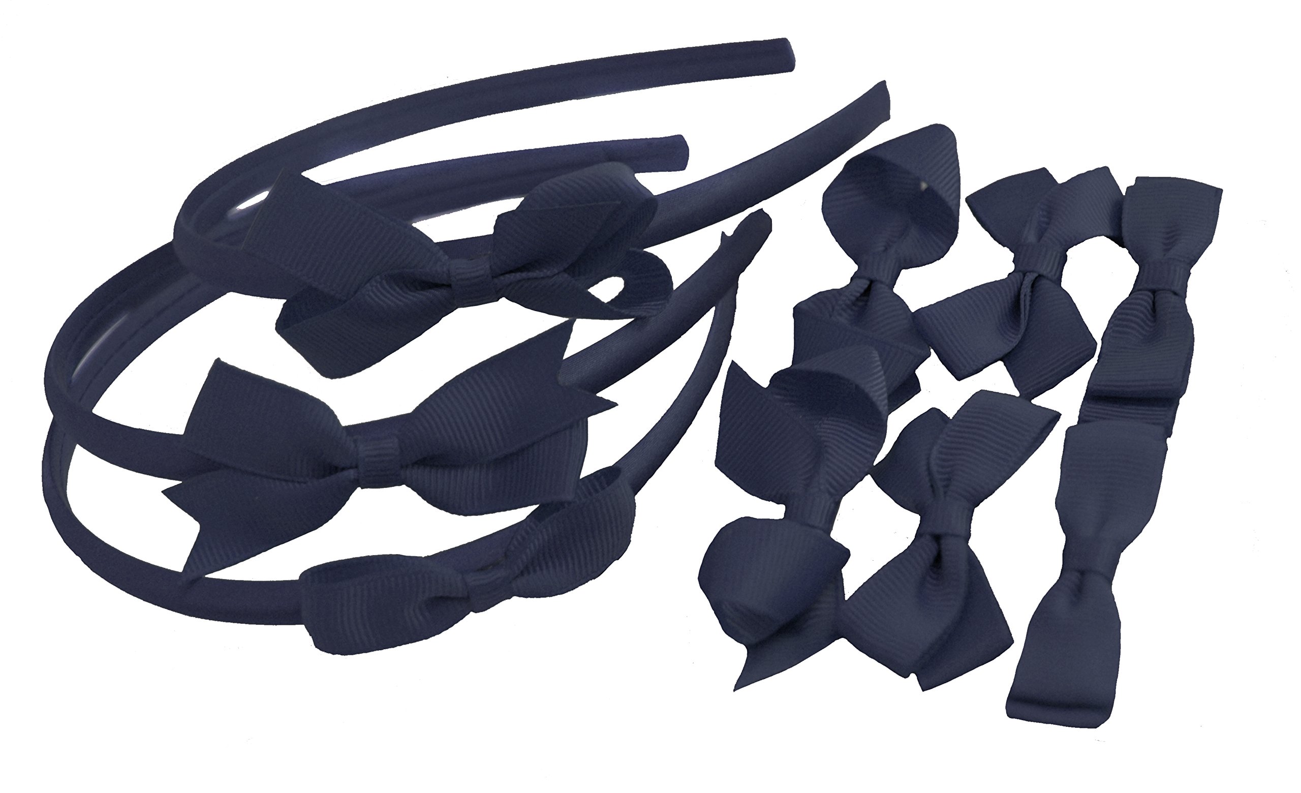 Set Headbands 3 Pairs School Bows Girls Small Hair Grosgrain Ribbon Clips Hair Accessories Uniform (Navy)