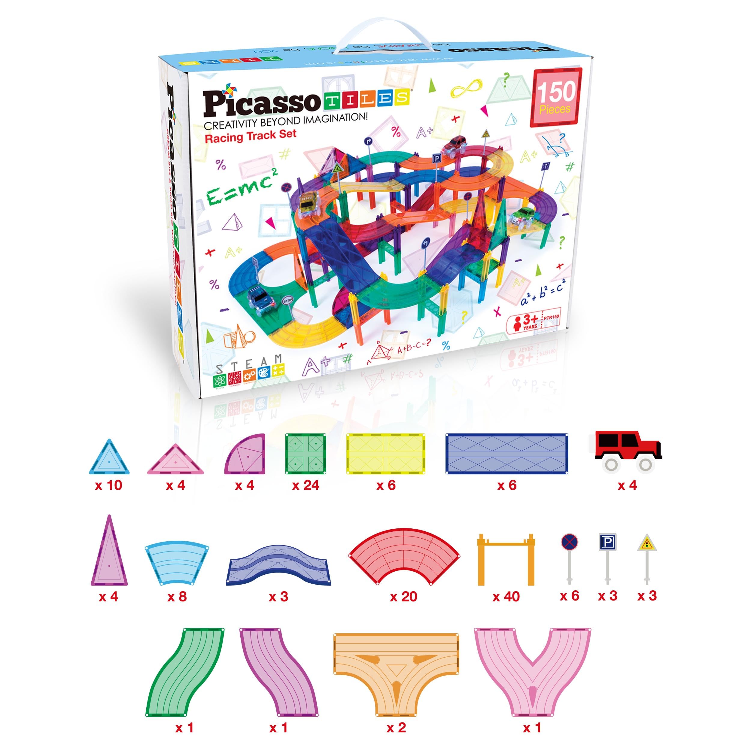 PicassoTiles 150 Piece Race Car Track Building Block Educational Toy Set Magnet Tile Magnetic Blocks Playset 4 Cars Early STEM Learning Construction Kit Hand-Eye Fine Motor Skill Brain Training PTR150