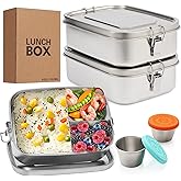 LEEPENK 2PCS 304 Stainless Steel Lunch Container with Lockable Clips,3-Compartment Large 1500ML Metal Bento Box Bonus 2PCS Condiment Containers & Leakproof Lids for for Office and Gym