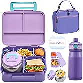 MAISON HUIS Bento Box for Kids with 8oz Soup Thermo, Leak-proof Lunch Food Containers with 5 Compartment, Insulated Lunch Bag & 17oz Stainless Steel Water Bottle for School, Trvael