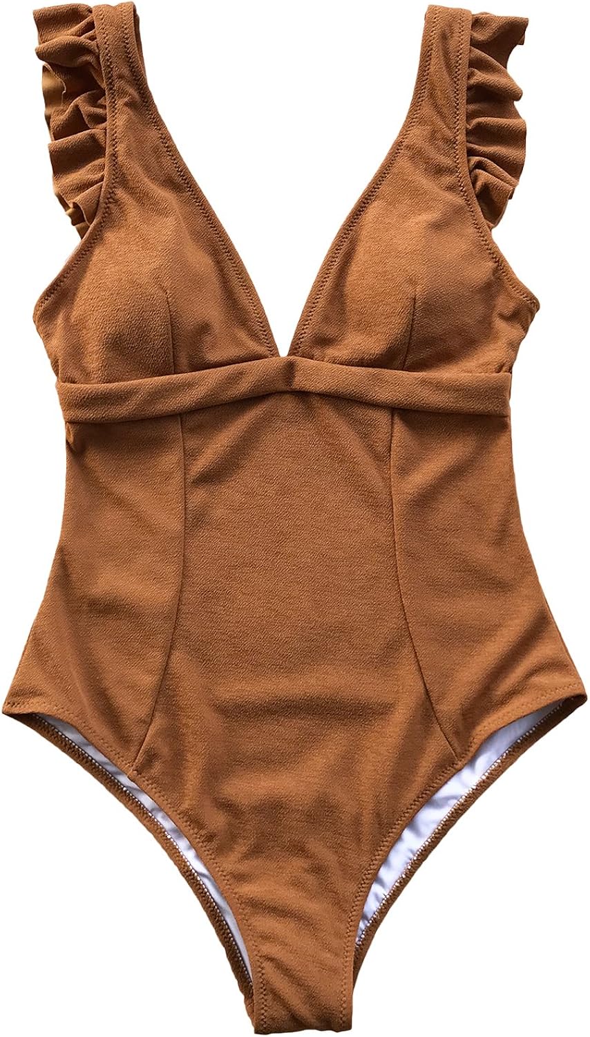 CUPSHE Women's Sweet Caramel Ruffles V Neck One Piece Swimsuit Small at