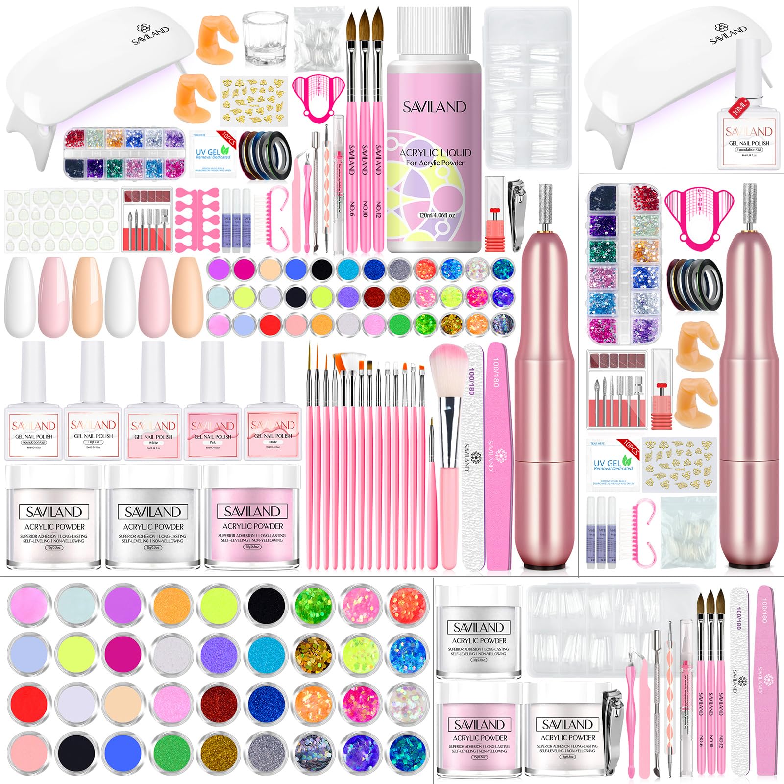 Saviland Acrylic Nail Kit with Drill: Nail Kit Acrylic Set for Nails Extension with Powder And Liquid Set Nail Brush Practice Finger U V Light DIY Salon Home Gift