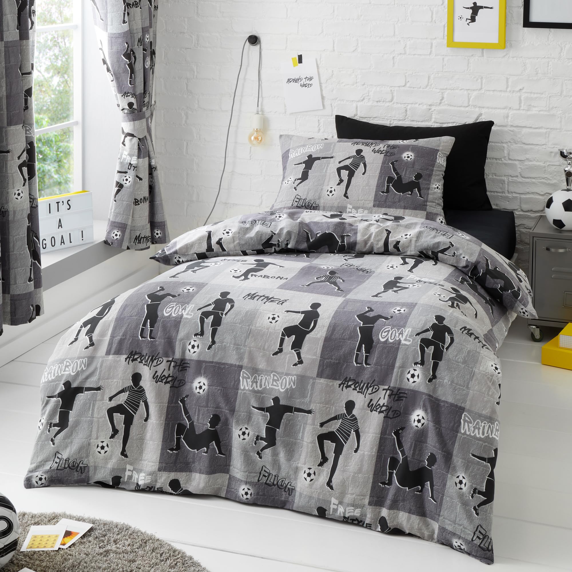 Happy Linen Company Boys Girls Kids Freestyle Football Tricks Grey Charcoal Single Reversible Duvet Cover Bedding Set