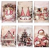 Geyoga 6 Pcs Christmas Kitchen Towels 16 x 24 Inch Vintage Xmas Hand Towels Santa Elk Snowman Decor Candy Dish Towel Absorbent Winter Tea Bedroom Decoration Gifts(Pink,Christmas)