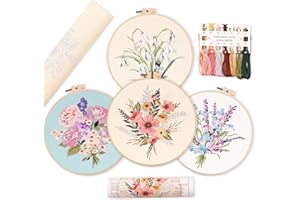 REEWISLY 4pcs of Embroidery kit with Patterns and Instructions, DIY Adult Beginner Cross Stitch Kits, Including 2 Plastic Embroidery Rings, 1 Pair of Scissors, Colored Threads and Needles