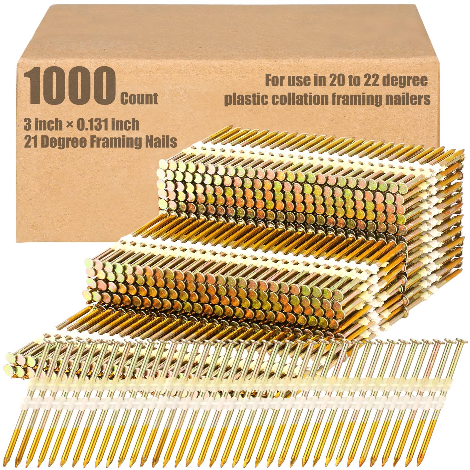 Photo 1 of Pasimy 1000 Per Box 3 x 0.131 Inch Framing Nails 21 EG Degree Smooth Shank Plastic Collated Galvanized Full Round Head Framing Nails