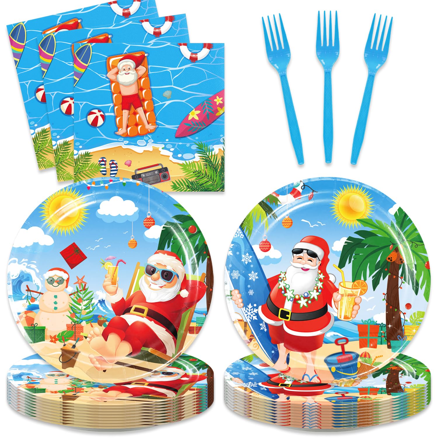 Photo 1 of 48pcs Christmas July Decorations Summer Beach Hawaiian Santa Plates,Napkins and Forks for Christmas July Summer Pool Party Decorations ,Suitable for 16 Guests