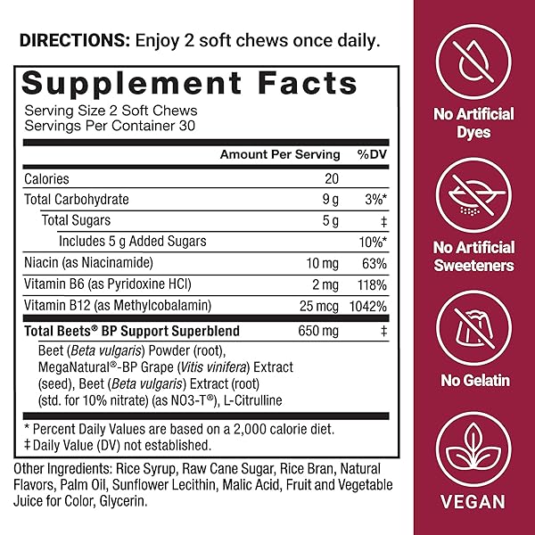 FORCE FACTOR TOTAL BEETS BLOOD PRESSURE SUPPORT SUPPLEMENTS WITH BEET POWDER, GREAT-TASTING BEETS CHEWABLES FOR HEART-HEALTHY ENERGY, AND INCREASED NITRIC OXIDE, 60 CHEWS
