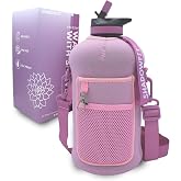 Shadowfit Half Gallon Water Bottles (74 ounce, 2.2 Liter) with Straw Lid Handle and Storage Sleeve - Large Jug Holder with St