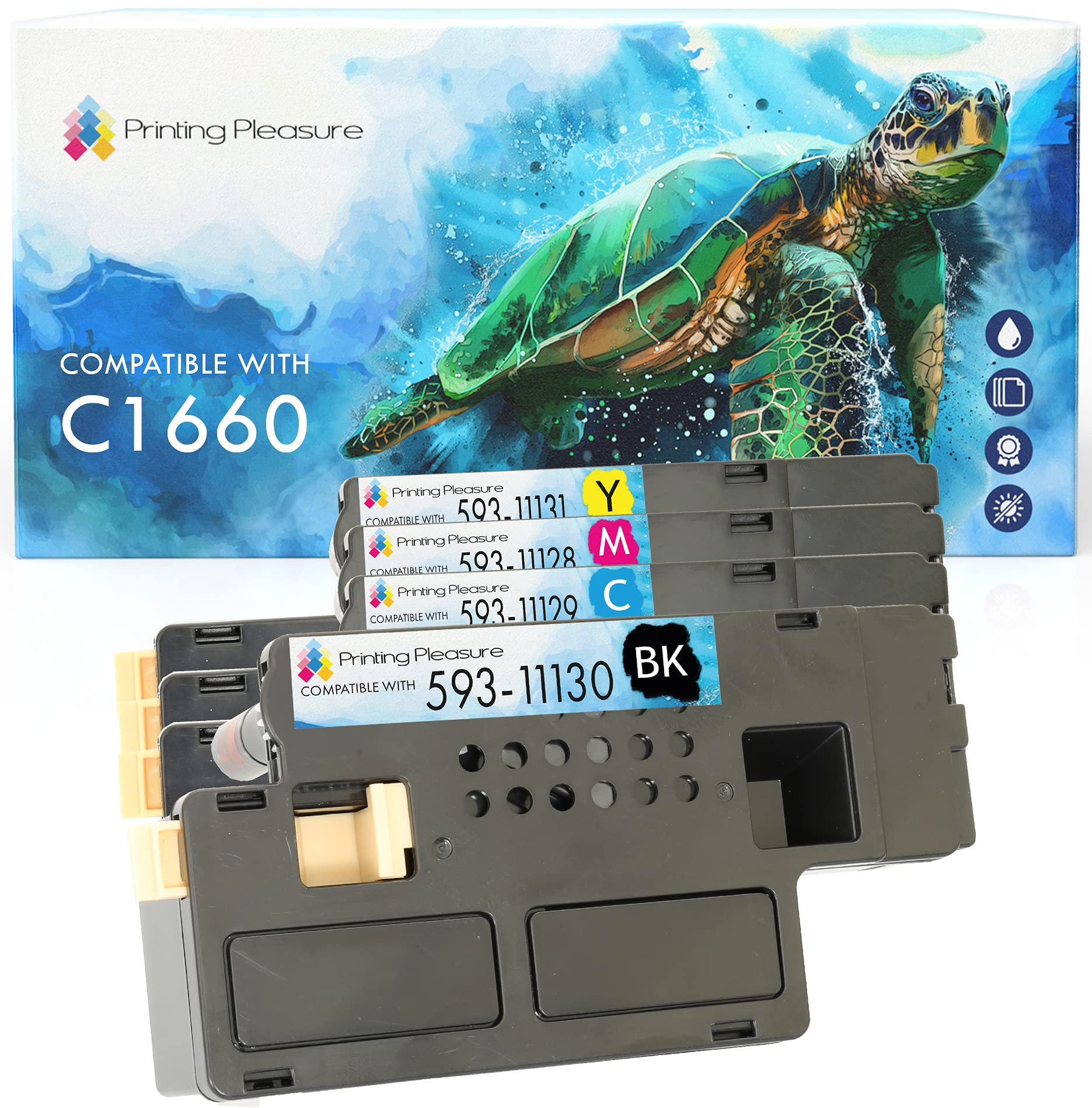 4 (Full Set) Compatible Dell C1660 Toner Cartridges for Dell C1660W C1660DW C1660CN C1660CNW - Black/Cyan/Magenta/Yellow, High Yield