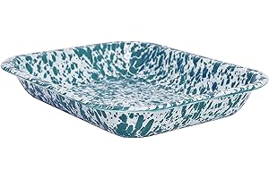 CROW CANYON HOME Enamelware Small Open Roaster, 11.5 x 9.25 inches, Turquoise/White Splatter (Single)