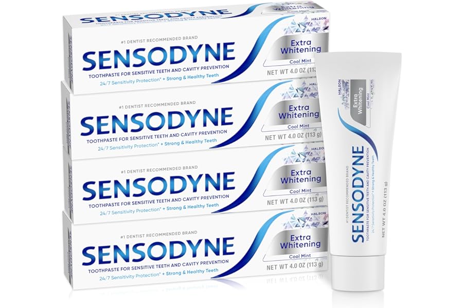 Sensodyne Extra Whitening Sensitive Teeth and Cavity Prevention Whitening Toothpaste, Amazon Exclusive, Cool Mint, Amazon Exclusive- 4 Ounces (Pack of 4)