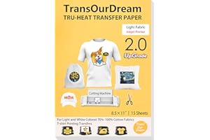 TransOurDream Upgraded Iron on Heat Transfer Paper for T Shirts (8.5x11'', 15 Sheets) Iron-on Transfers Paper for Light Fabric Printable Heat Transfer Vinyl for Inkjet Printer (TOD-4-15)