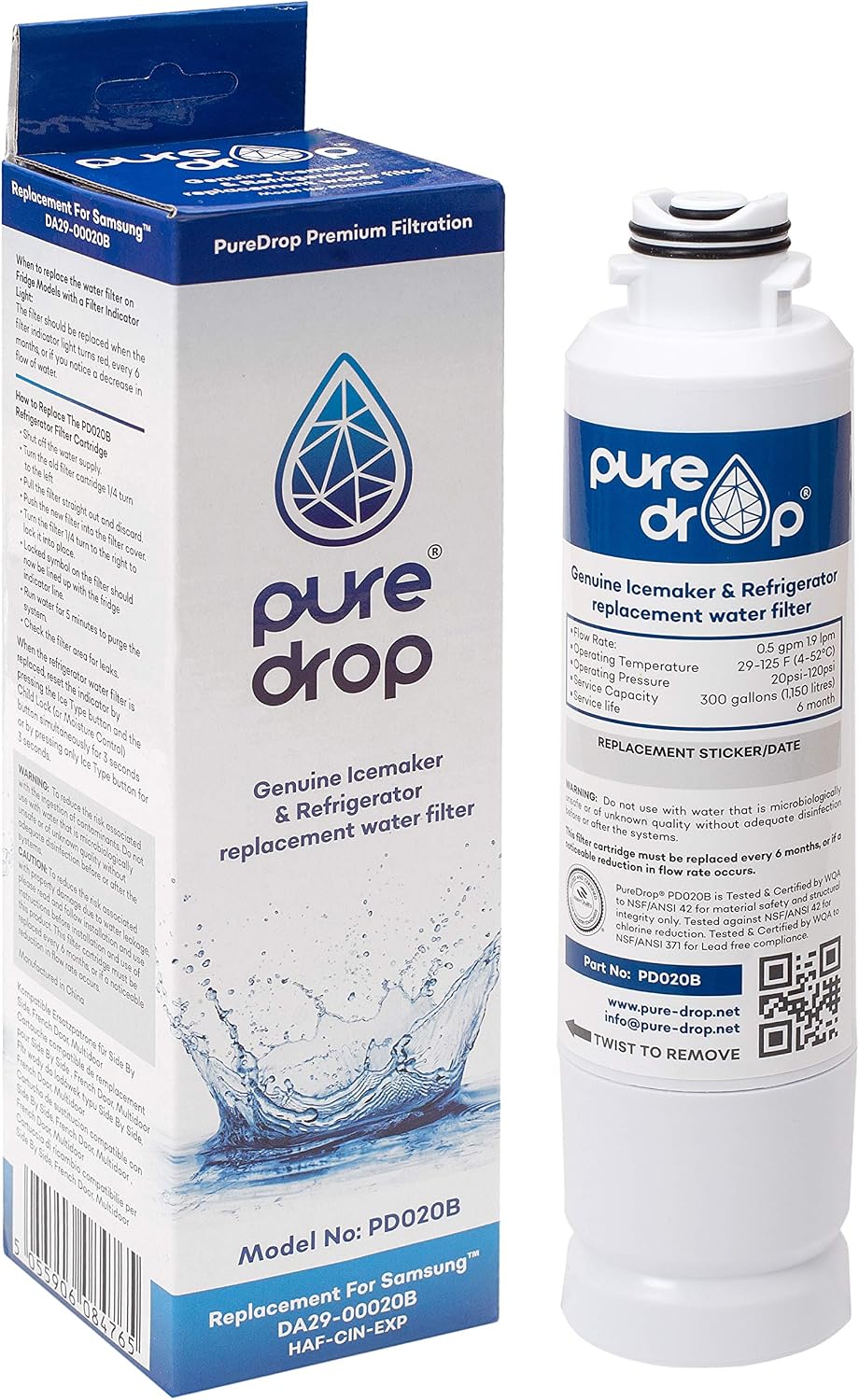 Puredrop DA2900020B Compatible with Samsung DA29-00020B, HAFCIN, HAF-CIN, HAF-CIN/EXP, DA97-08006A/B Refrigerator Water Filter
