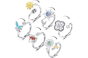 ZOERAY 6 Pcs Fidget Anxiety Rings for Women Adjustable Open Rings Rotatable Rings Calming Mood Rings Cubic Zirconia Butterfly Flower Sunflower Rose Stackable Ring Set Relieve Stress